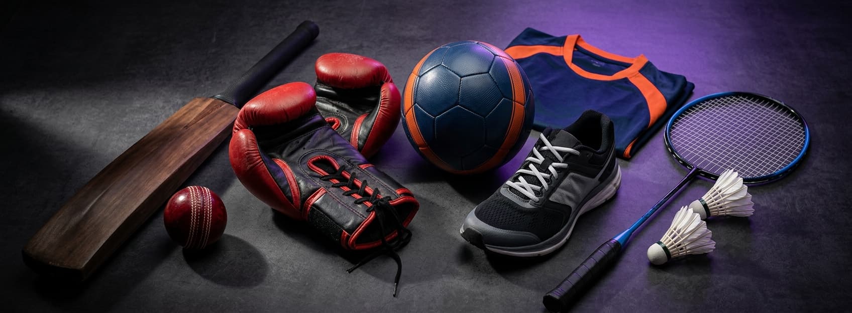 Premium sports gear: cricket bat, boxing gloves, football, running shoes, badminton racket