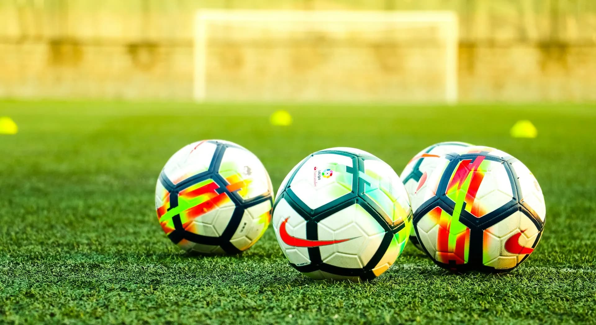 Footballs and training cones on a turf pitch